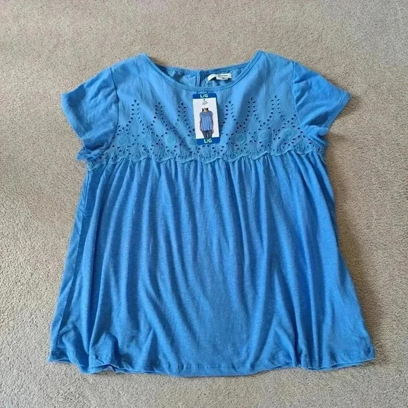 ❤ NWT Jachs Girlfriend Blue Cotton Top Large Slub Knit Short Sleeved Eyelet Yoke - Picture 12 of 12